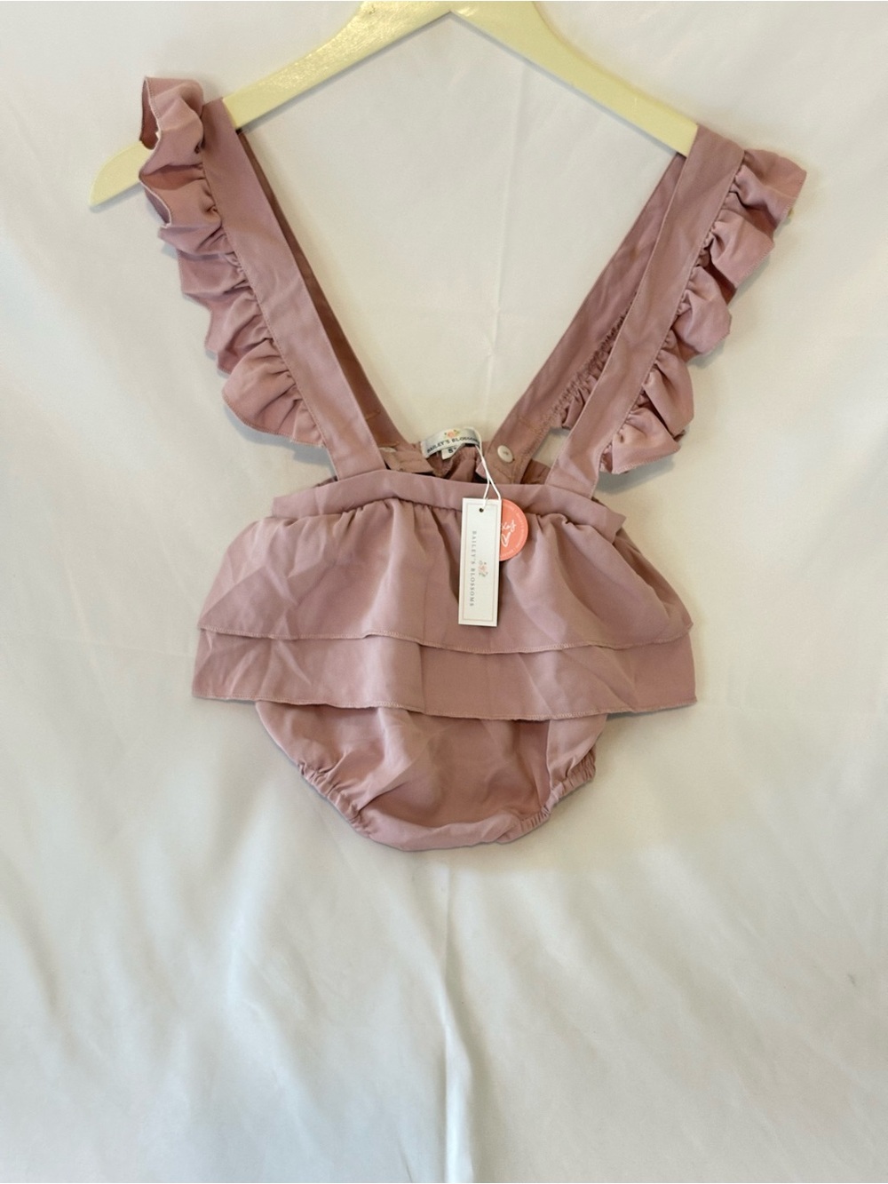 Girls Ruffle Suspender Romper - Dusty Rose